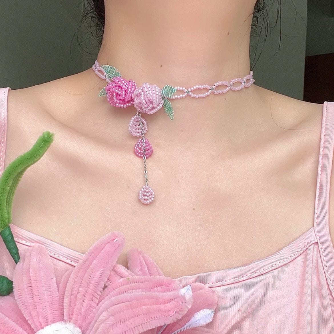 Handmade Crystal Beaded Rose Petal Tassel Y Choker Necklace