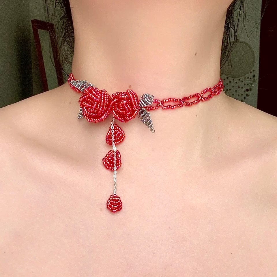 Handmade Crystal Beaded Rose Petal Tassel Y Choker Necklace