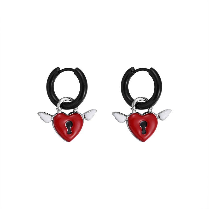 Handmade Enamel Angel Wings Heart Lock Huggie Hoop Earrings - ArtGalleryZen