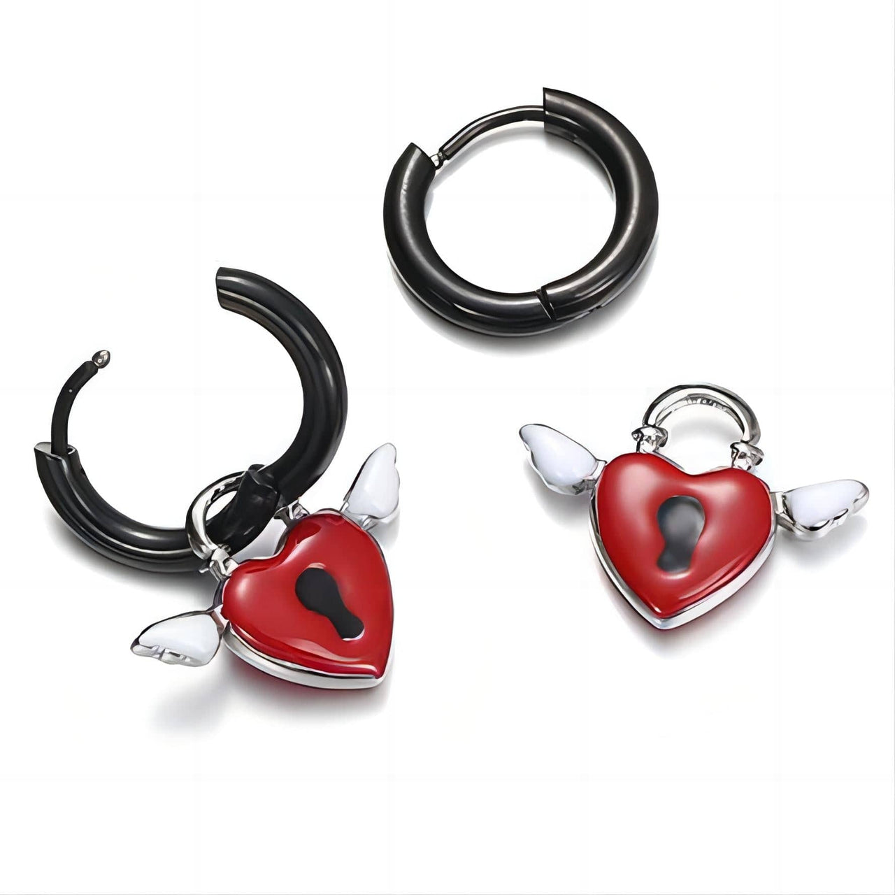 Handmade Enamel Angel Wings Heart Lock Huggie Hoop Earrings - ArtGalleryZen