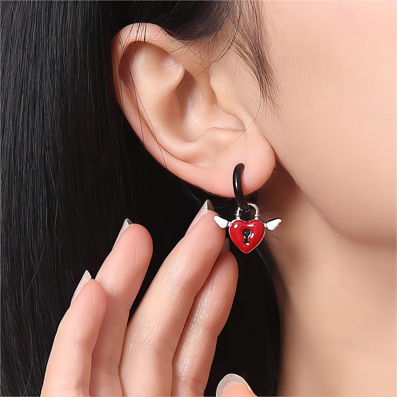 Handmade Enamel Angel Wings Heart Lock Huggie Hoop Earrings - ArtGalleryZen