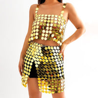 Thumbnail for Handmade Glitter Mirror Sequins Patchwork Strappy Nightclub Split Skirt - ArtGalleryZen