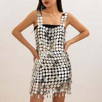 Thumbnail for Handmade Gold Silver Plated Sequins Tassel Patchwork Nightclub Party Strappy Dress