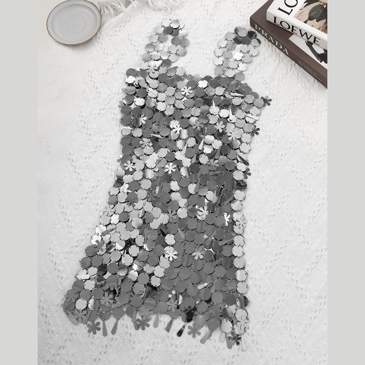 Handmade Gold Silver Plated Sequins Tassel Patchwork Nightclub Party Strappy Dress