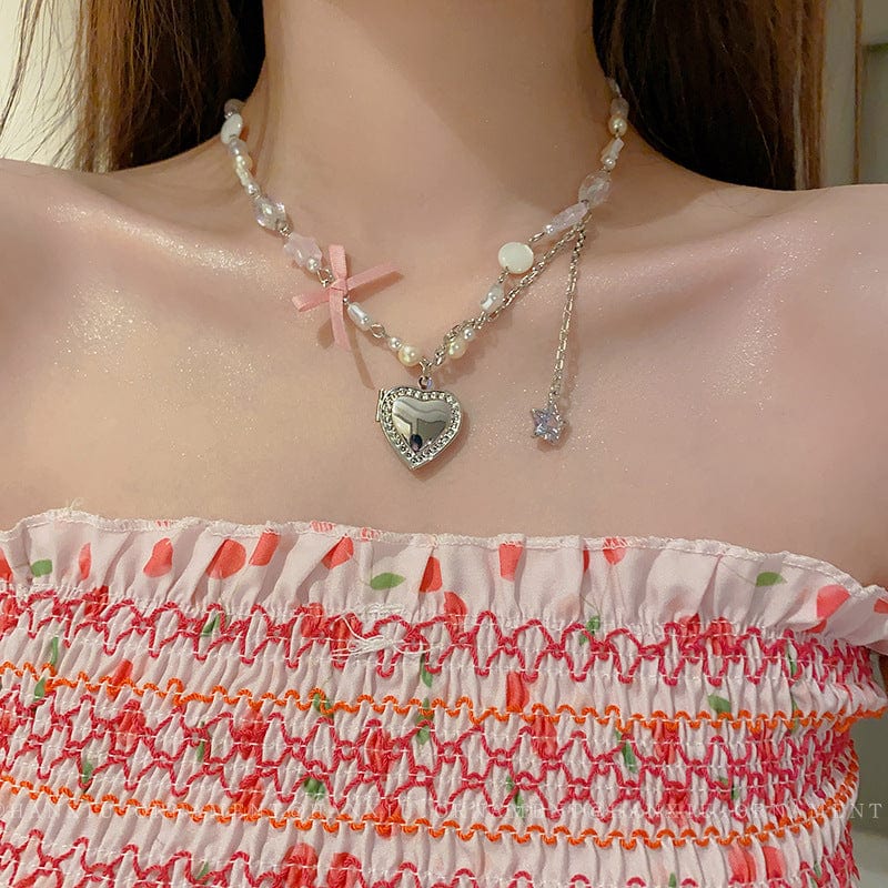 Handmade Heart Locket Pendant Crystal Star Pearl Chain Choker Necklace - ArtGalleryZen