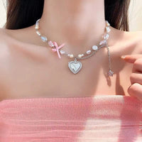 Thumbnail for Handmade Heart Locket Pendant Crystal Star Pearl Chain Choker Necklace - ArtGalleryZen