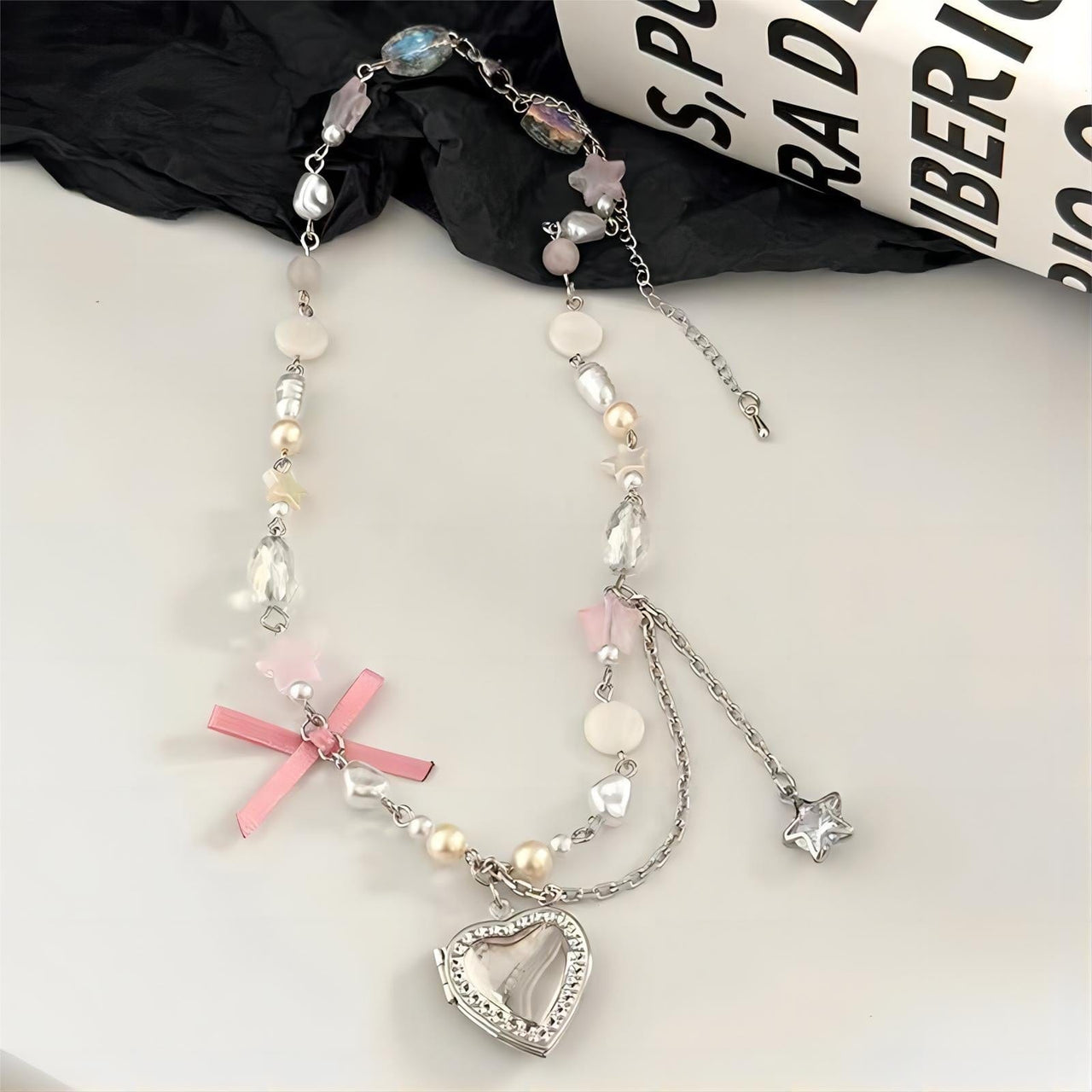 Handmade Heart Locket Pendant Crystal Star Pearl Chain Choker Necklace - ArtGalleryZen