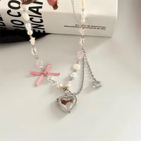 Thumbnail for Handmade Heart Locket Pendant Crystal Star Pearl Chain Choker Necklace - ArtGalleryZen