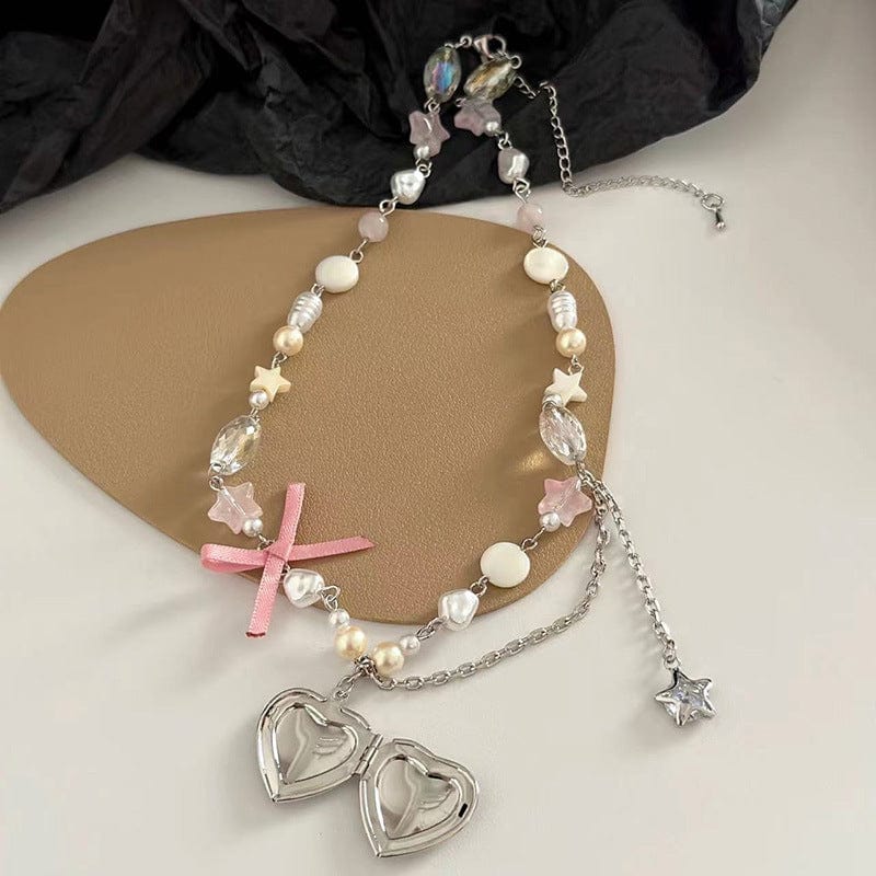 Handmade Heart Locket Pendant Crystal Star Pearl Chain Choker Necklace - ArtGalleryZen