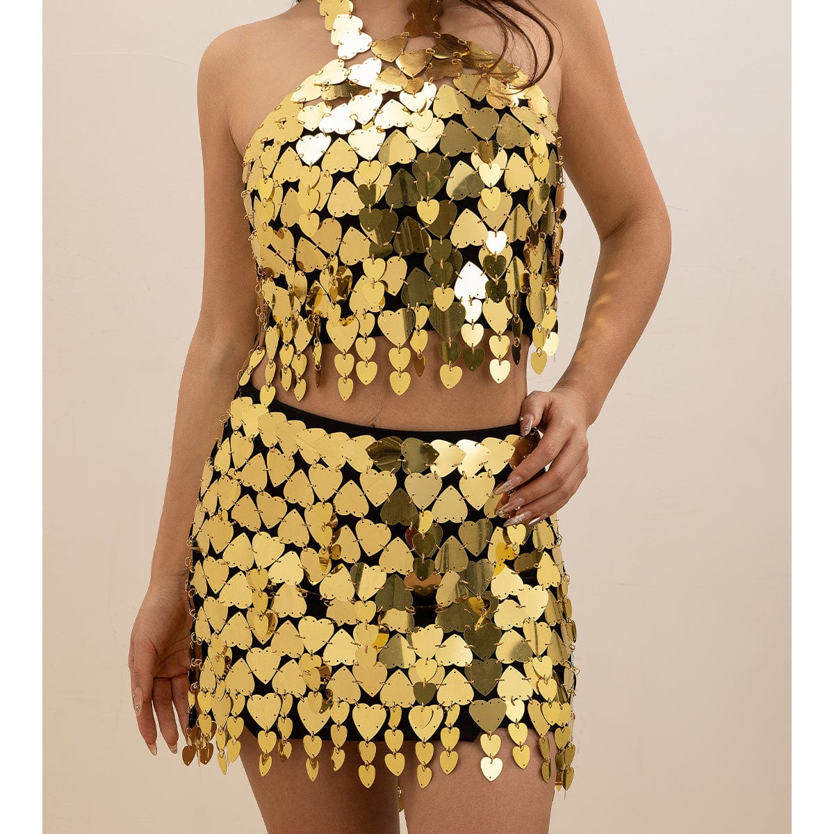 Handmade Heart Sequins Patchwork Strappy Nightclub Party Mini Skirt