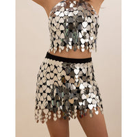 Thumbnail for Handmade Heart Sequins Patchwork Strappy Nightclub Party Mini Skirt