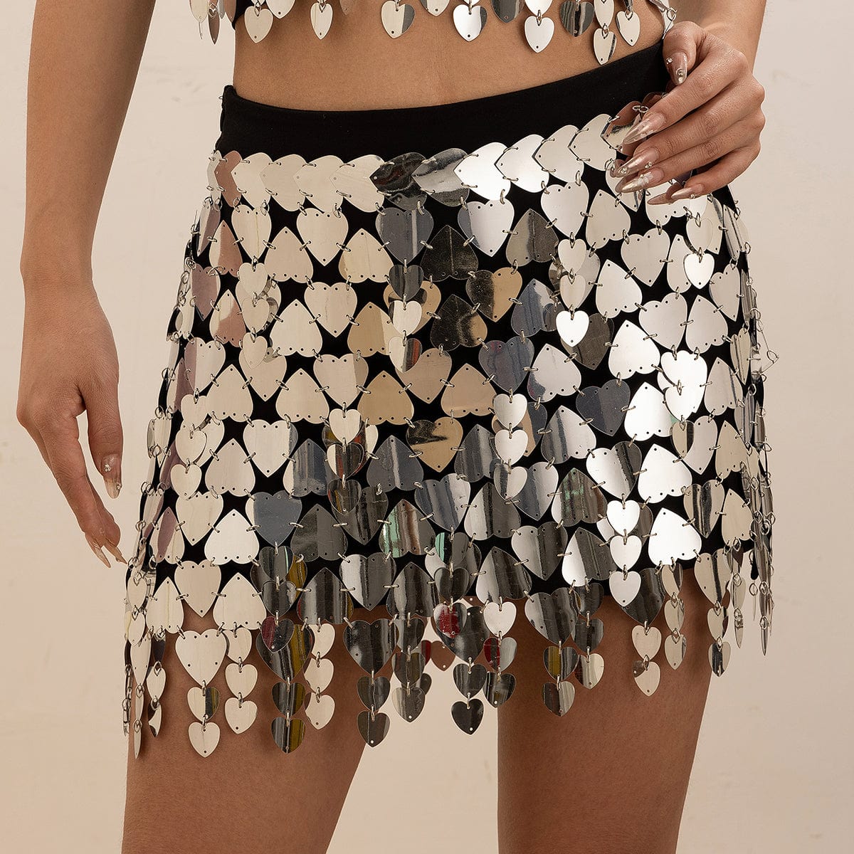 Handmade Heart Sequins Patchwork Strappy Nightclub Party Mini Skirt