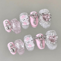 Thumbnail for Handmade Hello Kitty Rhinestone Heart 3D Press on Nails Short False Nail - ArtGalleryZen