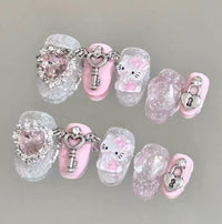 Thumbnail for Handmade Hello Kitty Rhinestone Heart 3D Press on Nails Short False Nail - ArtGalleryZen