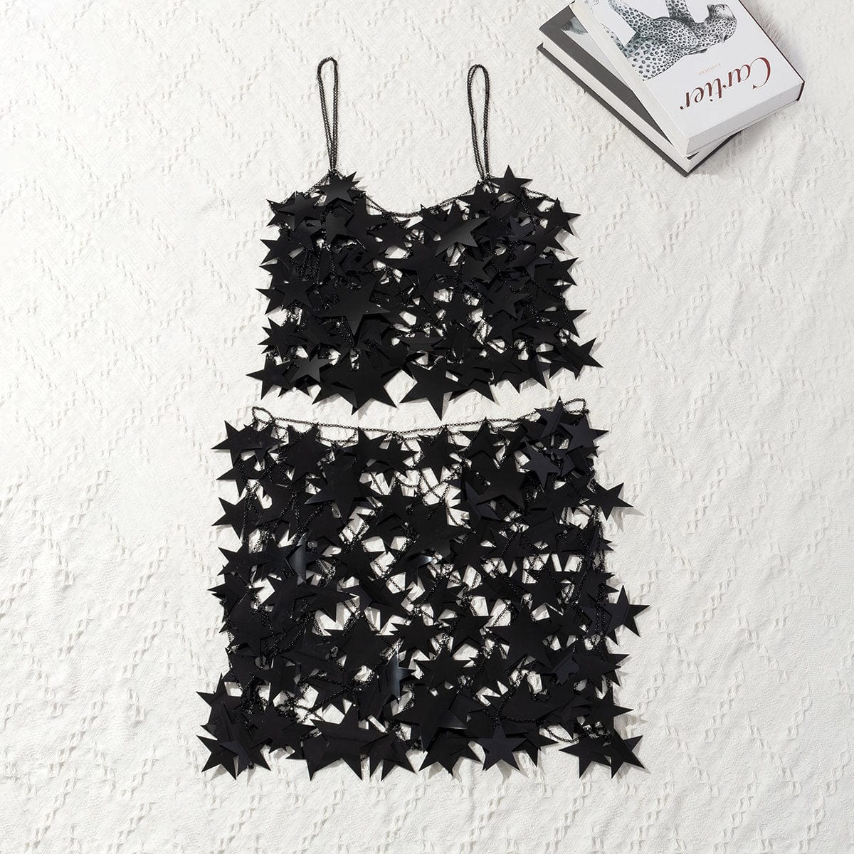 Handmade Hollow Pink Black Star Sequins Sleeveless Tank Top - ArtGalleryZen