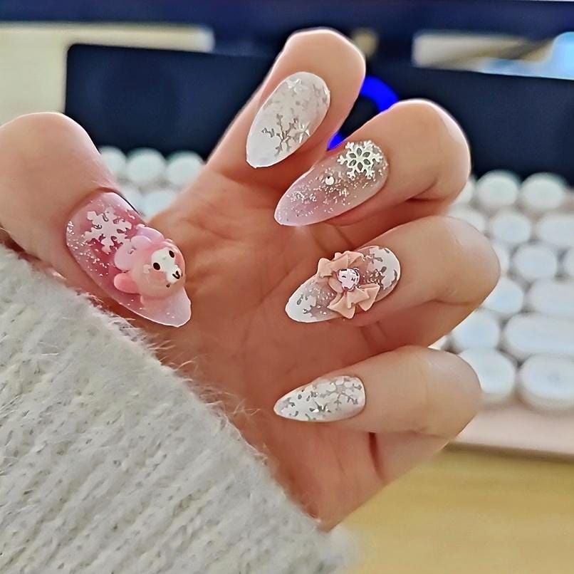 Handmade My Melody Winter Snowflake 3D Press on Nails False Nail - ArtGalleryZen