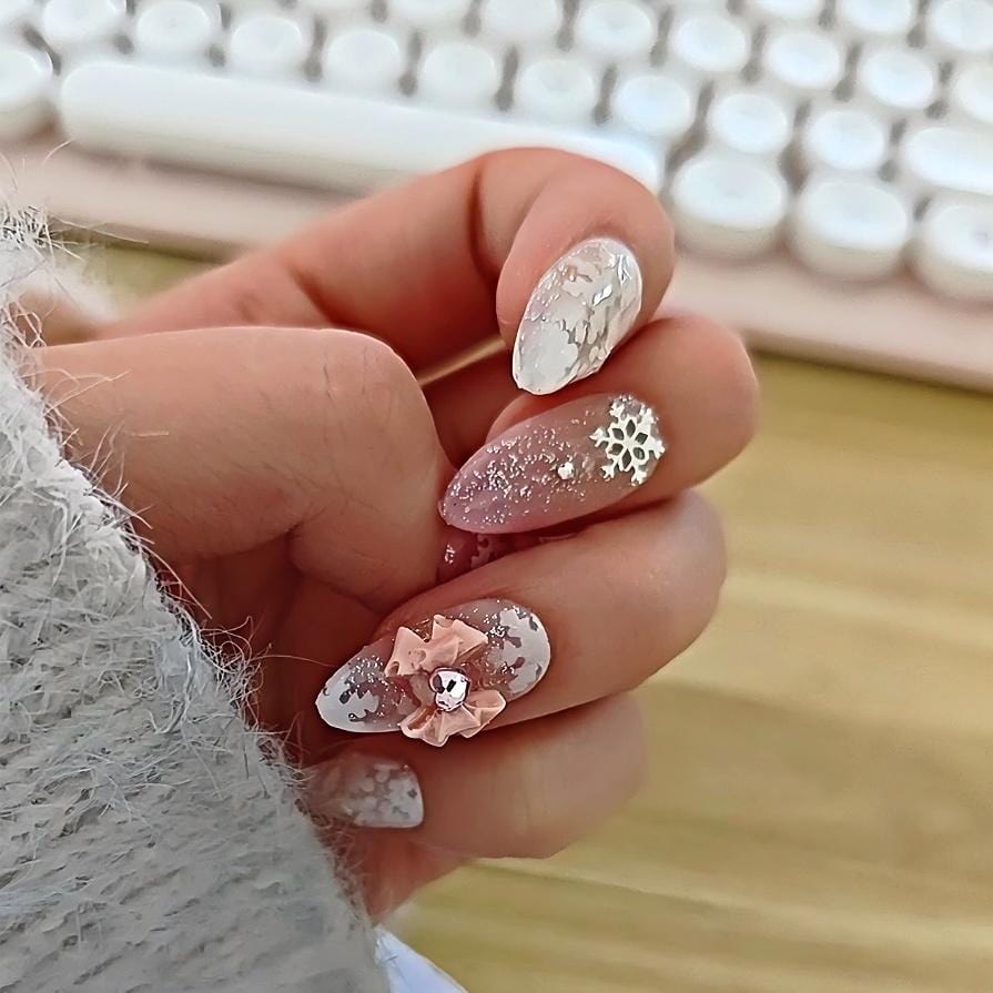 Handmade My Melody Winter Snowflake 3D Press on Nails False Nail - ArtGalleryZen