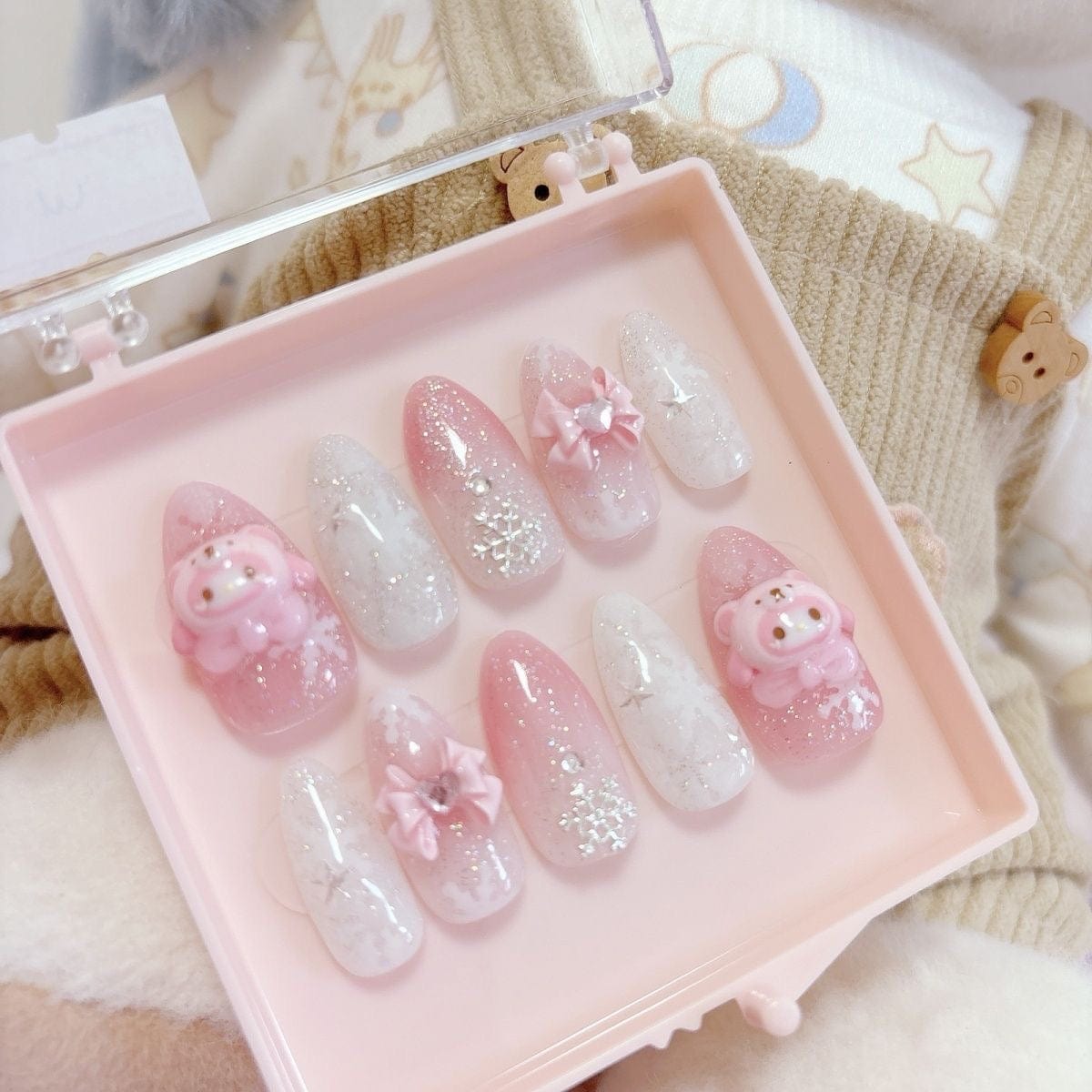 Handmade My Melody Winter Snowflake 3D Press on Nails False Nail - ArtGalleryZen