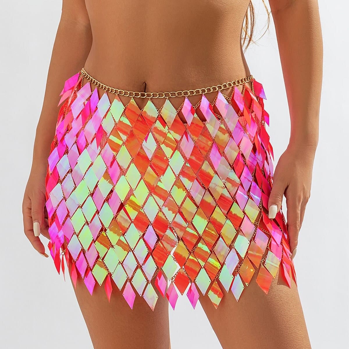 Handmade Orange Rhombic Sequins Patchwork Strappy Nightclub Party Skirt - ArtGalleryZen