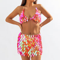 Thumbnail for Handmade Orange Rhombic Sequins Patchwork Strappy Nightclub Party Skirt - ArtGalleryZen