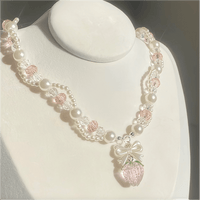 Thumbnail for Handmade Pink Crystal Strawberry Pendant Pearl Chain Choker Necklace - ArtGalleryZen