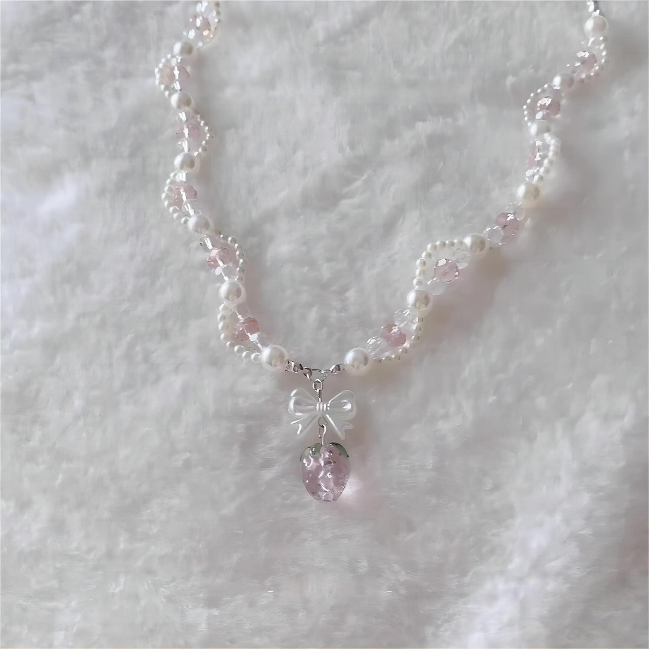 Handmade Pink Crystal Strawberry Pendant Pearl Chain Choker Necklace - ArtGalleryZen