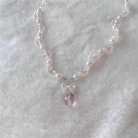 Thumbnail for Handmade Pink Crystal Strawberry Pendant Pearl Chain Choker Necklace - ArtGalleryZen