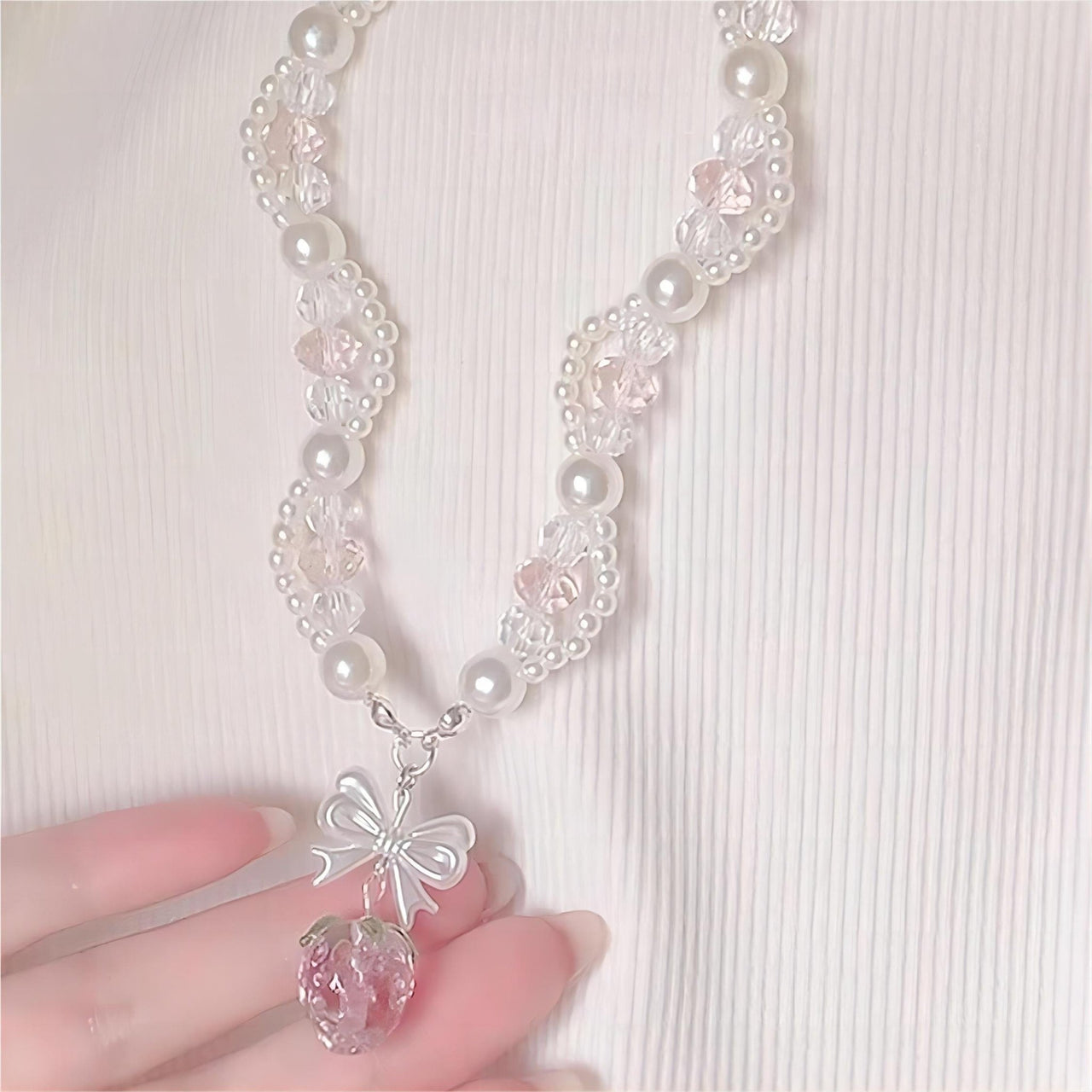 Handmade Pink Crystal Strawberry Pendant Pearl Chain Choker Necklace - ArtGalleryZen