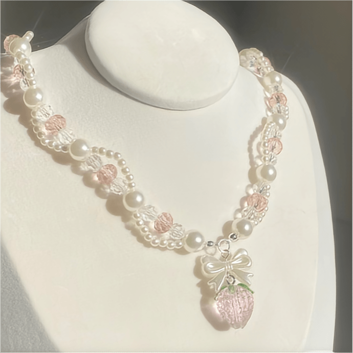 Handmade Pink Crystal Strawberry Pendant Pearl Chain Choker Necklace - ArtGalleryZen