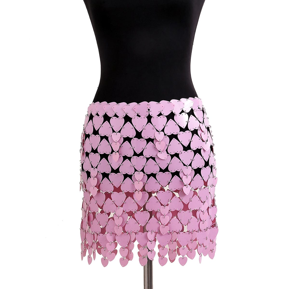 Handmade Pink Heart Sequins Patchwork Strappy Nightclub Party Mini Skirt - ArtGalleryZen