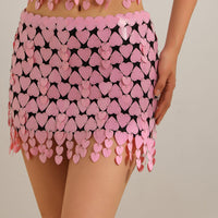 Thumbnail for Handmade Pink Heart Sequins Patchwork Strappy Nightclub Party Mini Skirt - ArtGalleryZen