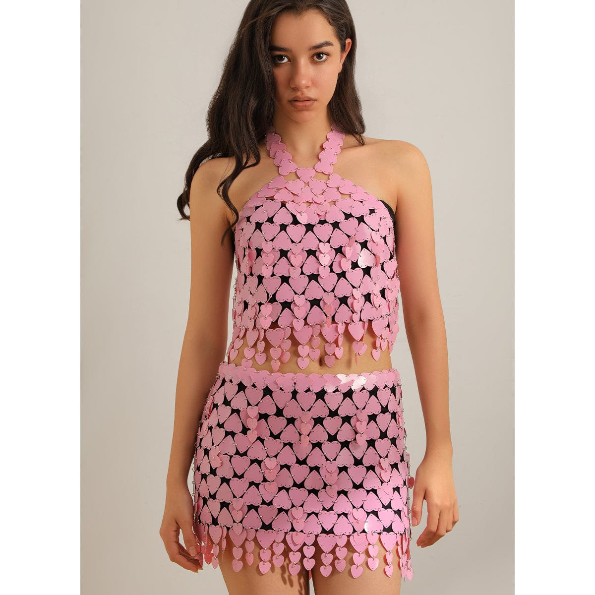 Handmade Pink Heart Sequins Patchwork Strappy Nightclub Party Mini Skirt