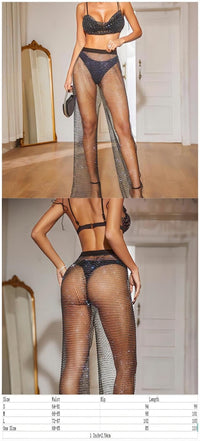 Thumbnail for Handmade Rhinestone Fishnet See Through Mesh Loose Trousers - ArtGalleryZen