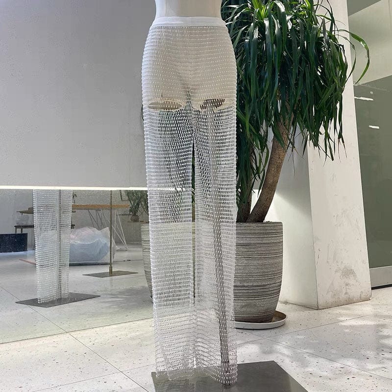 ArtGalleryZen Handmade Rhinestone Fishnet See Through Mesh Loose Trousers - White / M