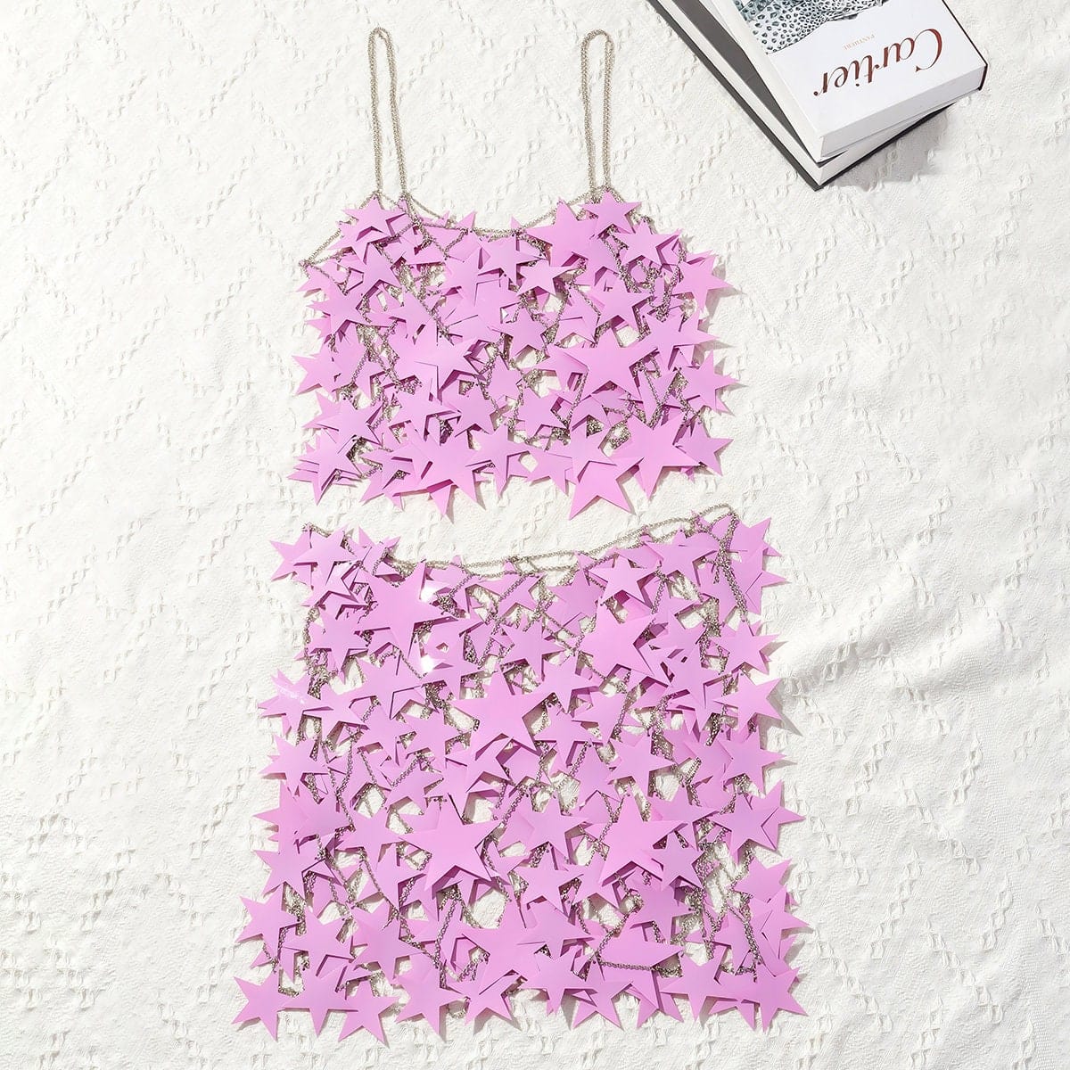 Handmade Squamous Hollow Pink Black Star Sequins Strappy Rave Party Skirt - ArtGalleryZen