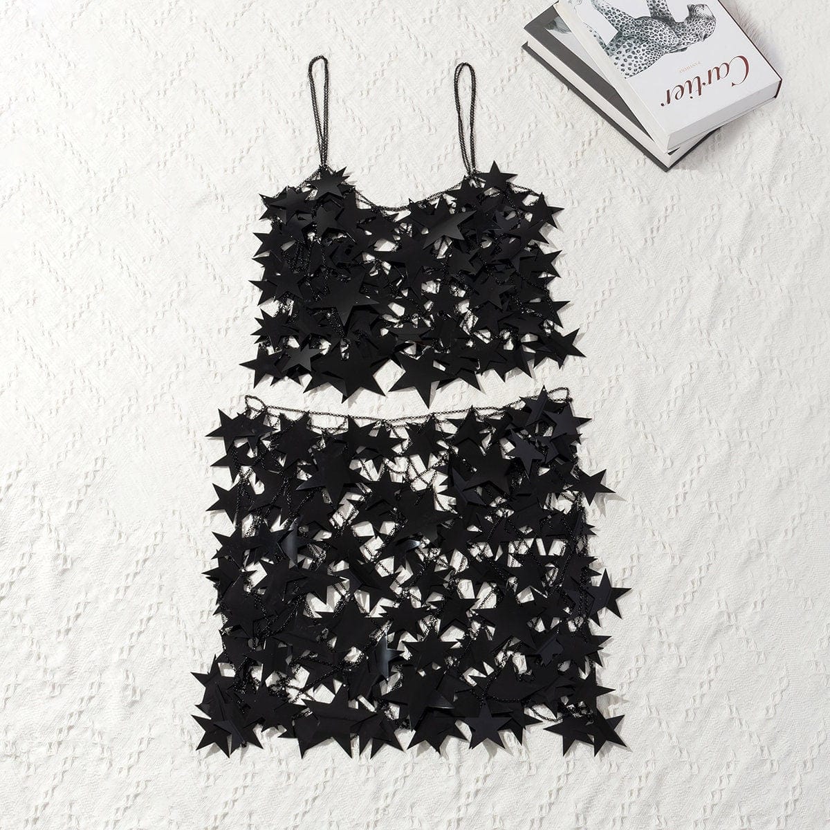 Handmade Squamous Hollow Pink Black Star Sequins Strappy Rave Party Skirt - ArtGalleryZen