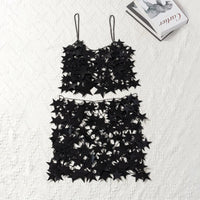 Thumbnail for Handmade Squamous Hollow Pink Black Star Sequins Strappy Rave Party Skirt - ArtGalleryZen