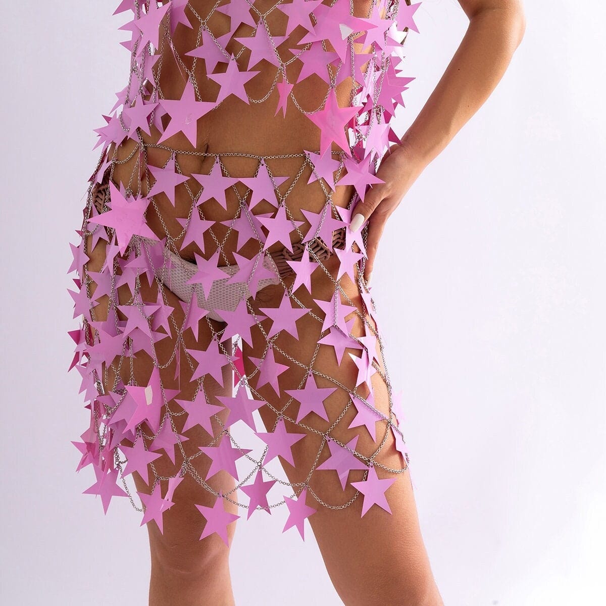 Handmade Squamous Hollow Pink Black Star Sequins Strappy Rave Party Skirt - ArtGalleryZen