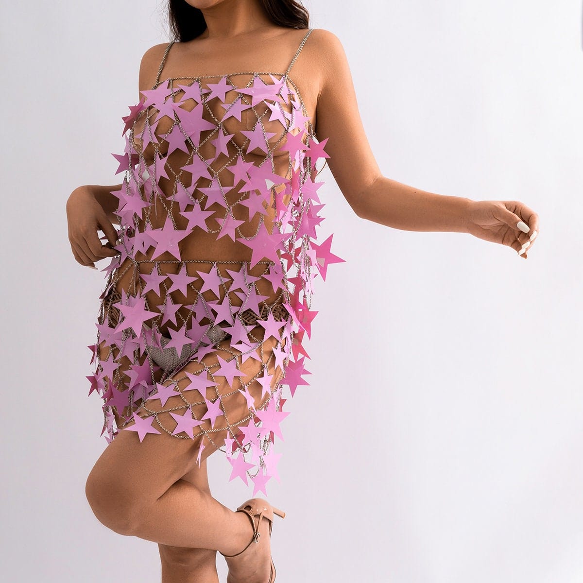 Handmade Squamous Hollow Pink Black Star Sequins Strappy Rave Party Skirt - ArtGalleryZen