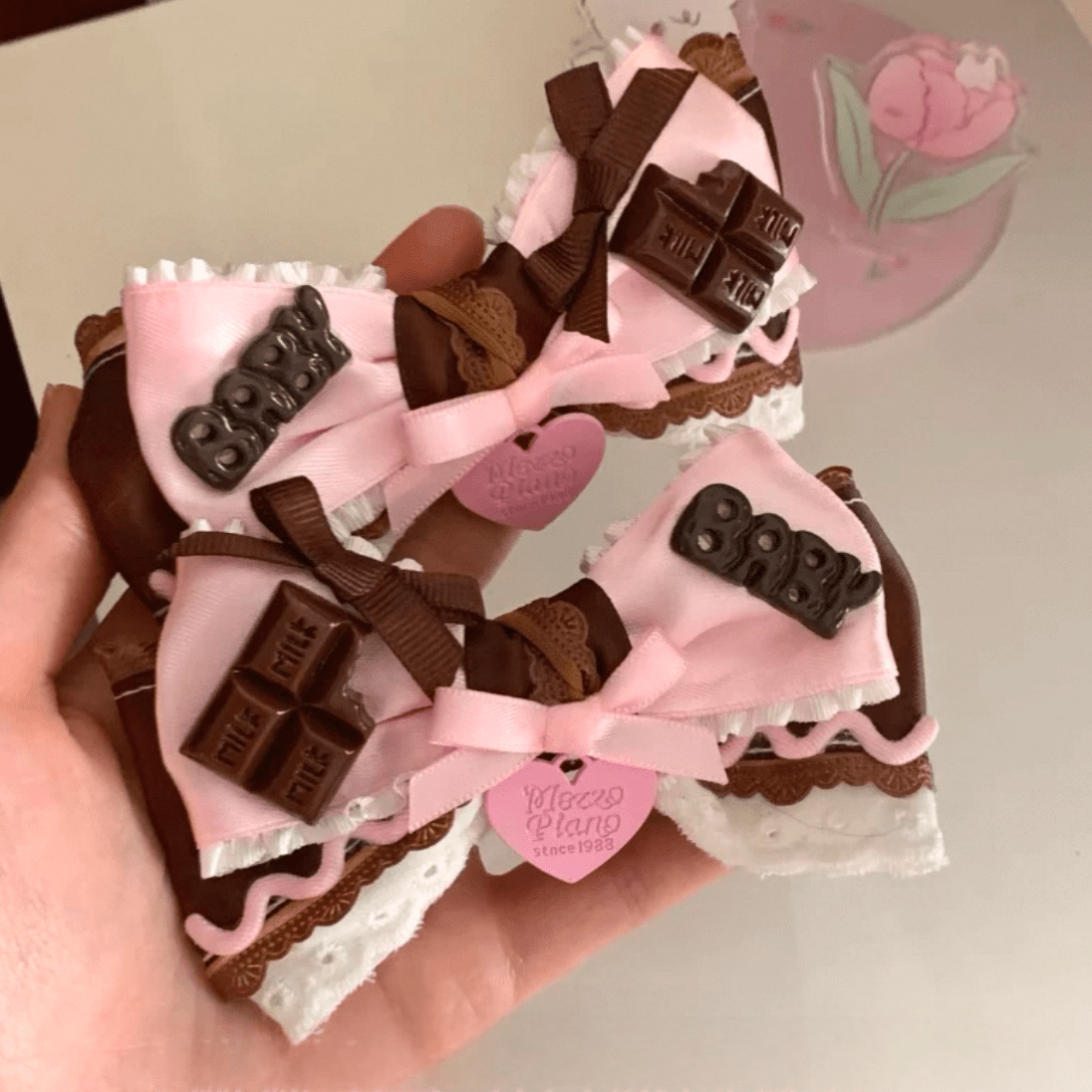 Handmade Strawberry Chocolate Ribbon Bowknot Hair Clip - ArtGalleryZen
