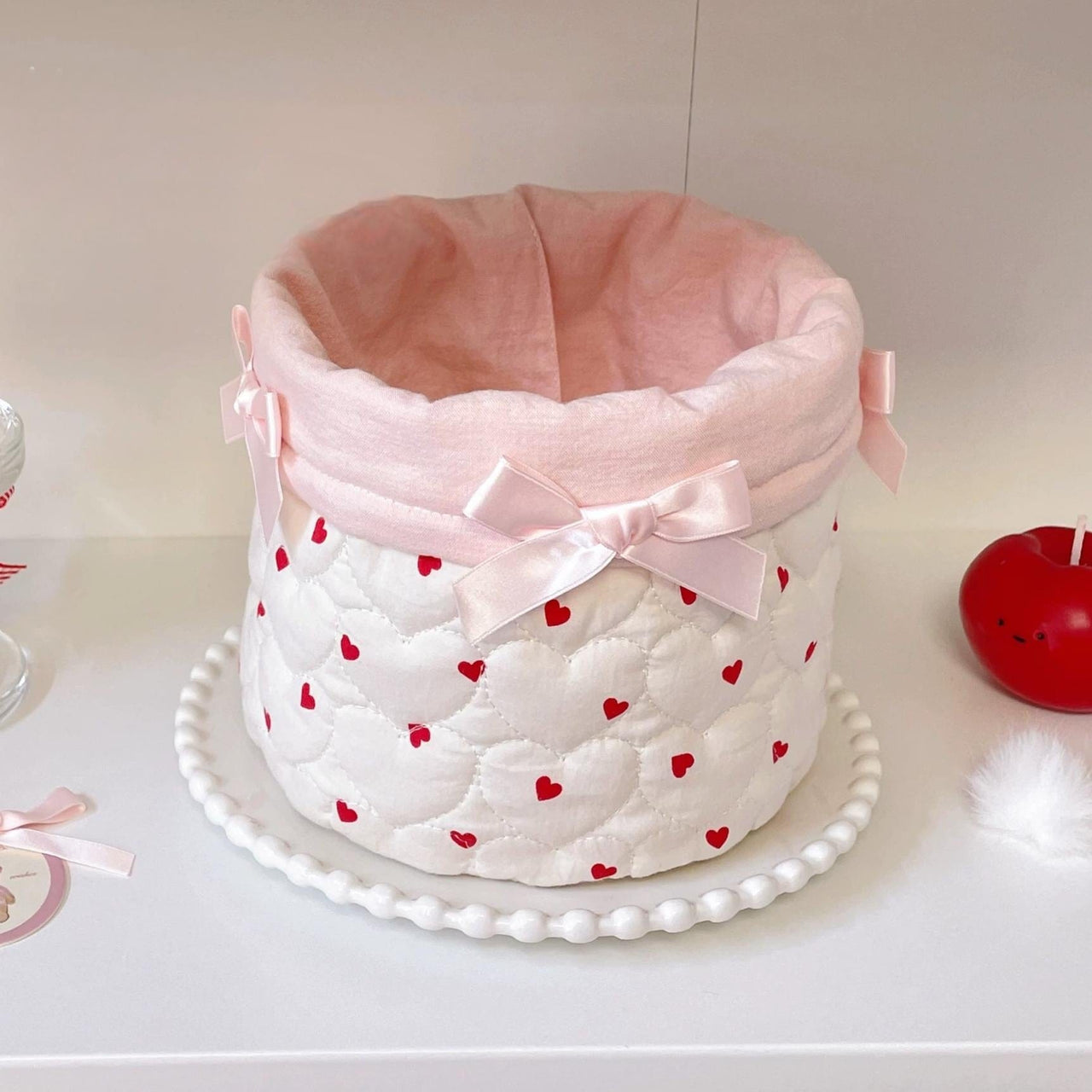 Handmade Sweet Bowknot Heart Round Fabric Storage Basket - ArtGalleryZen