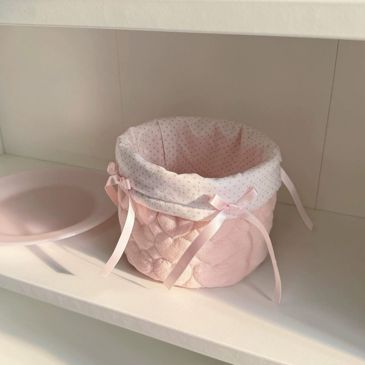 Handmade Sweet Bowknot Heart Round Fabric Storage Basket - ArtGalleryZen