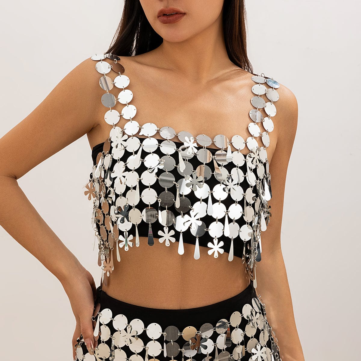 Handmade White Black Mirror Sequins Tassel Party Tank Top - ArtGalleryZen