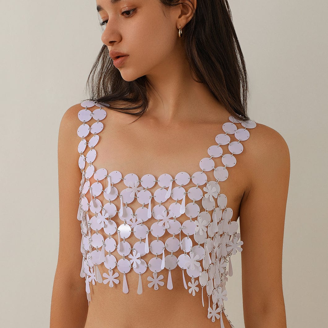 Handmade White Black Mirror Sequins Tassel Party Tank Top - ArtGalleryZen