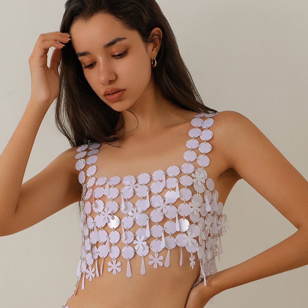 Handmade White Black Mirror Sequins Tassel Party Tank Top - ArtGalleryZen