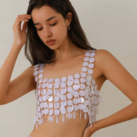 Thumbnail for Handmade White Black Mirror Sequins Tassel Party Tank Top - ArtGalleryZen