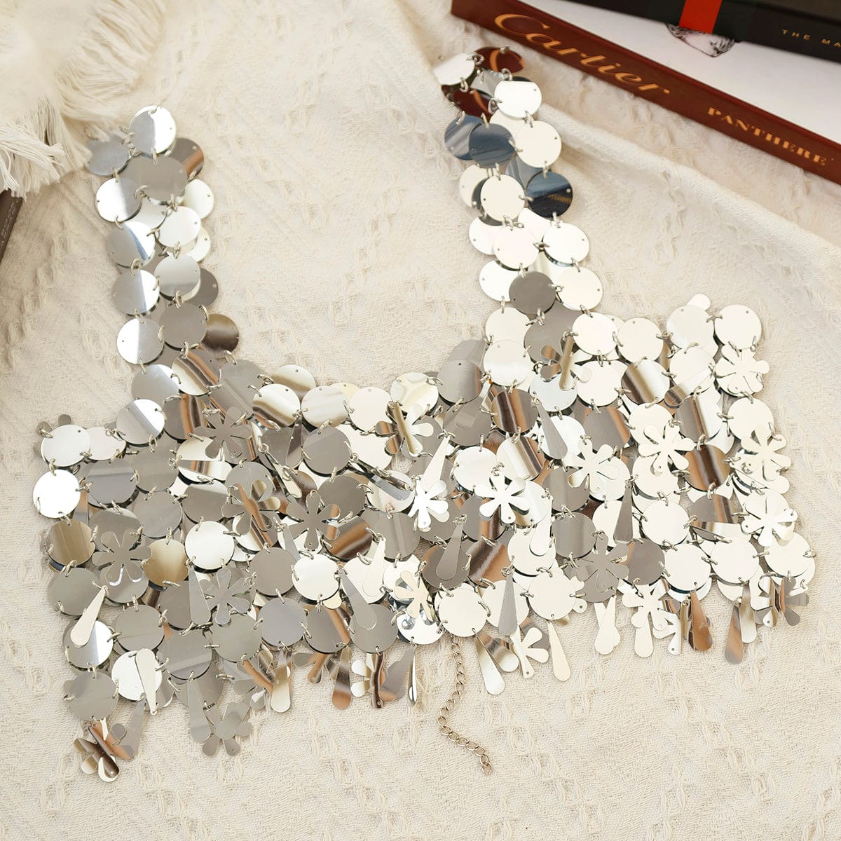 Handmade White Black Mirror Sequins Tassel Party Tank Top - ArtGalleryZen