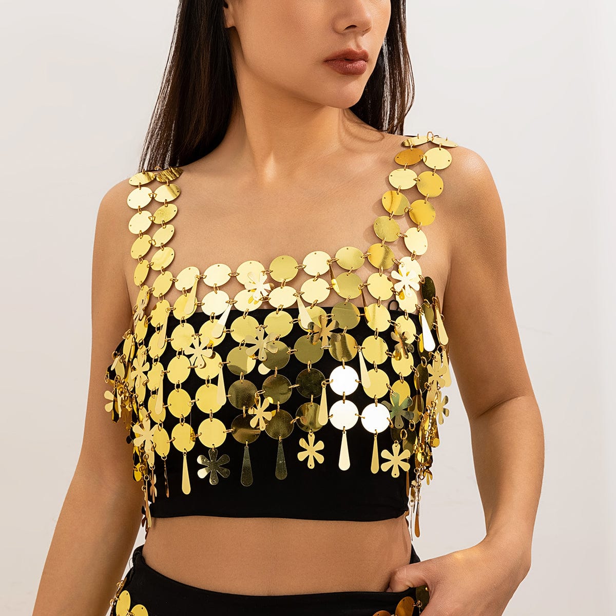 Handmade White Black Mirror Sequins Tassel Party Tank Top - ArtGalleryZen