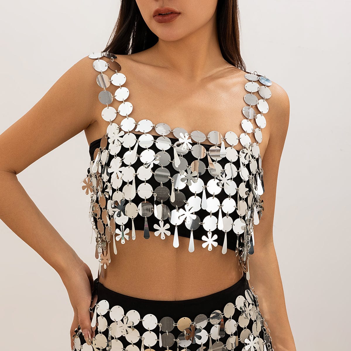 Handmade White Black Mirror Sequins Tassel Party Tank Top