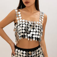 Thumbnail for Handmade White Black Mirror Sequins Tassel Party Tank Top